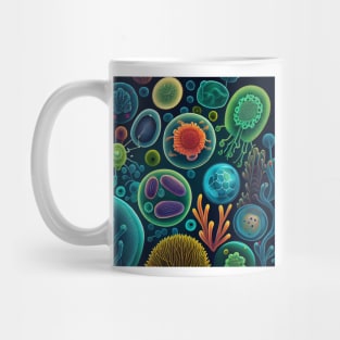 Retro microbiology bacteria and viruses against black background Mug